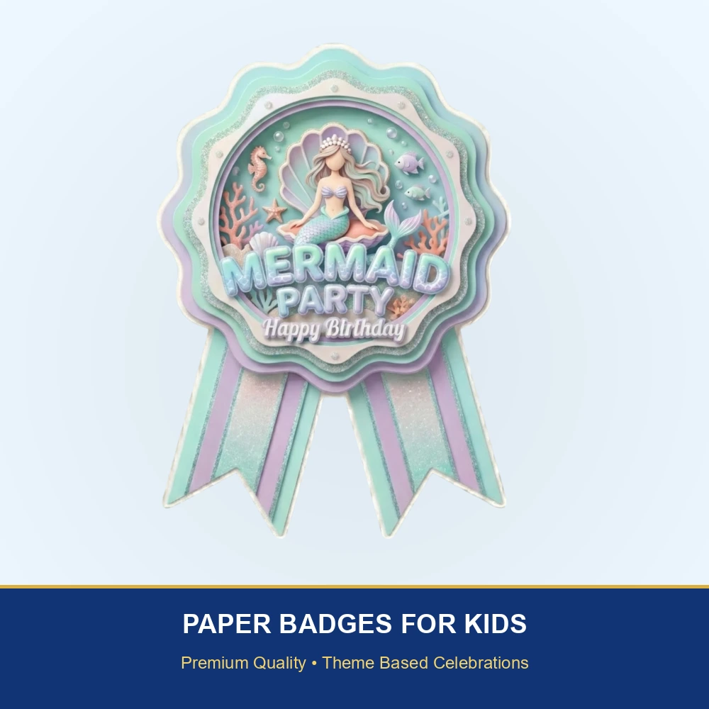 Mermaid Theme Paper Badges For Kids Birthday Party Supplies (Pack Of 16) - 300 GSM Premium Cardstock with Pin (3.7 x 3 Inch) - Premium Handcrafted 300 GSM Theme Badges by Party Decor Mall India - View 2