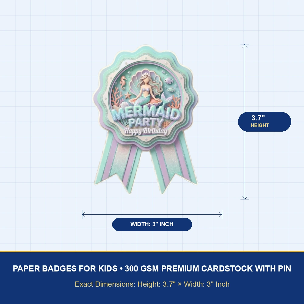Mermaid Theme Paper Badges For Kids Birthday Party Supplies (Pack Of 16) - 300 GSM Premium Cardstock with Pin (3.7 x 3 Inch) - Premium Handcrafted 300 GSM Theme Badges by Party Decor Mall India - View 4