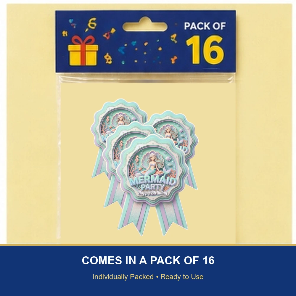 Mermaid Theme Paper Badges For Kids Birthday Party Supplies (Pack Of 16) - 300 GSM Premium Cardstock with Pin (3.7 x 3 Inch) - Premium Handcrafted 300 GSM Theme Badges by Party Decor Mall India - View 6