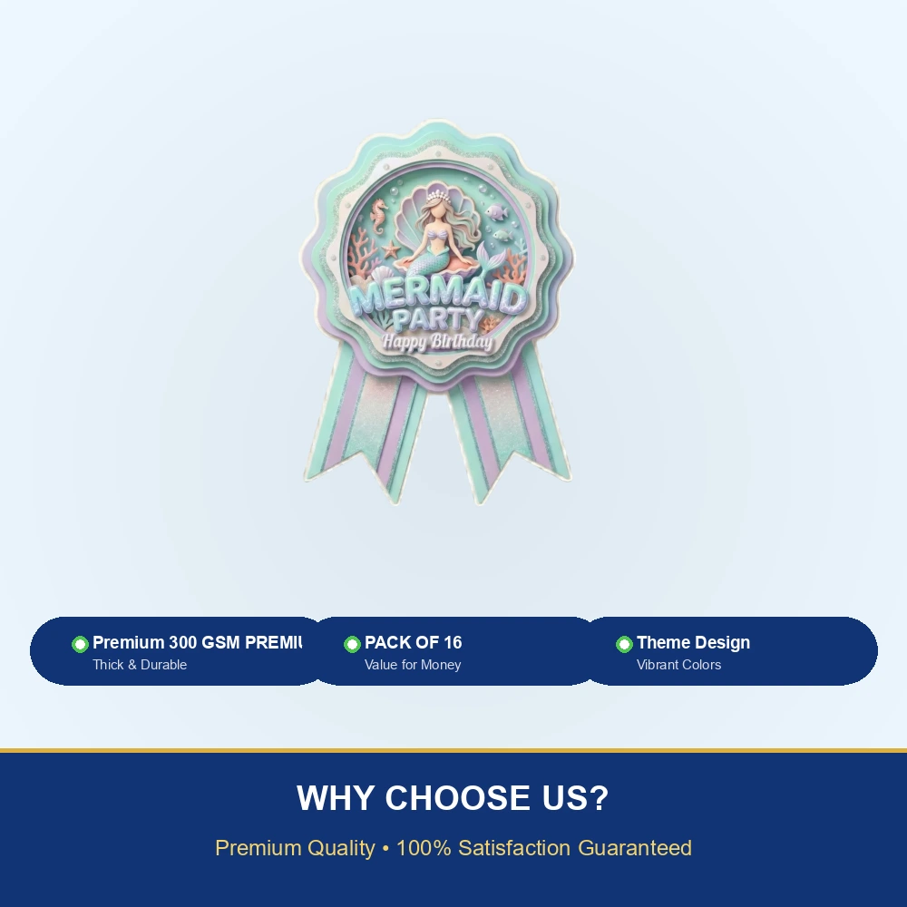 Mermaid Theme Paper Badges For Kids Birthday Party Supplies (Pack Of 16) - 300 GSM Premium Cardstock with Pin (3.7 x 3 Inch) - Premium Handcrafted 300 GSM Theme Badges by Party Decor Mall India - View 7