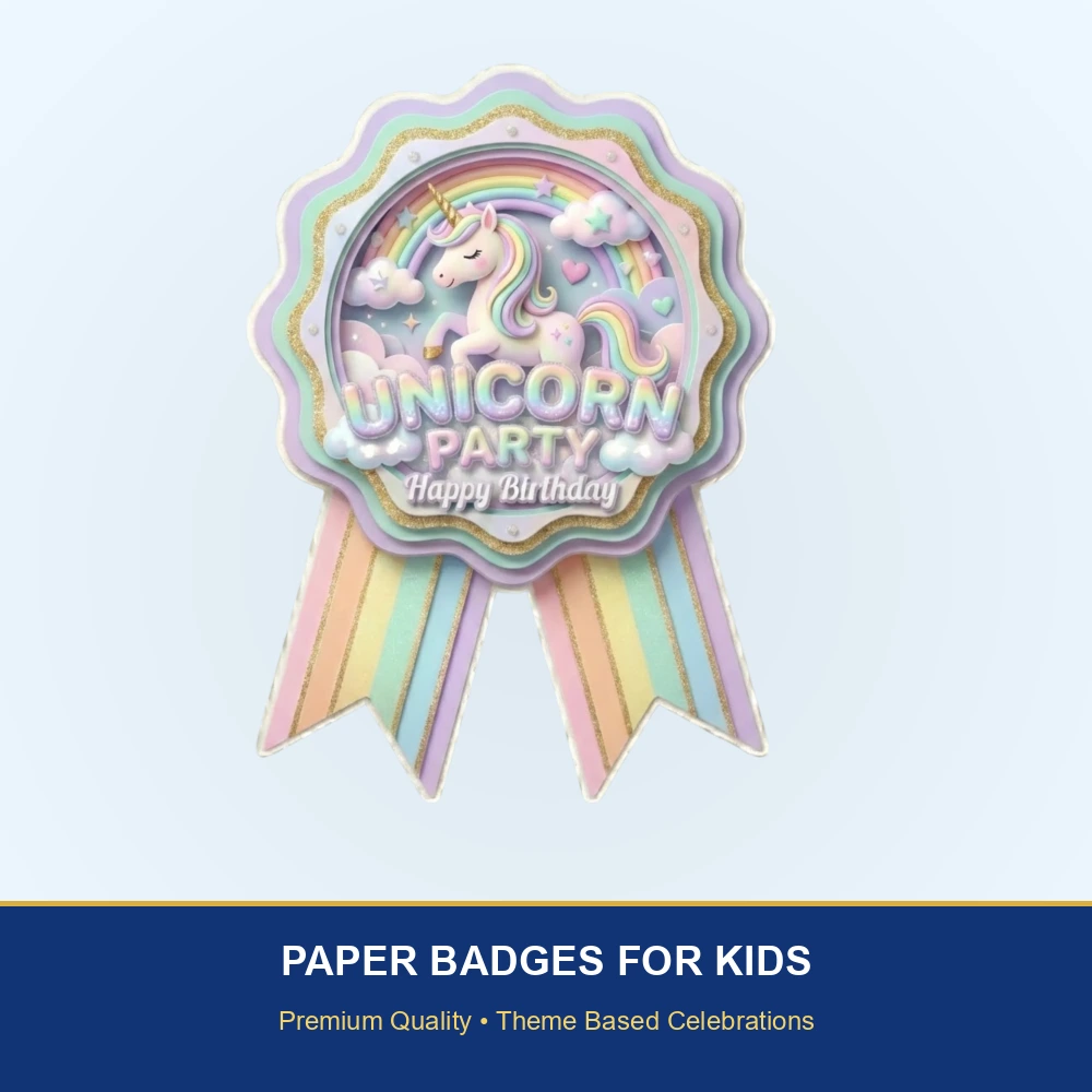 Unicorn Theme Paper Badges For Kids Birthday Party Supplies (Pack Of 16) - 300 GSM Premium Cardstock with Pin (3.7 x 3 Inch) - Premium Handcrafted 300 GSM Theme Badges by Party Decor Mall India - View 2