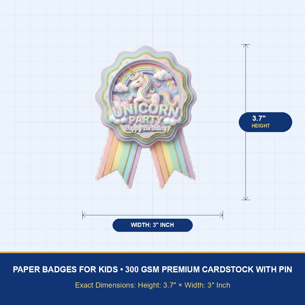 Unicorn Theme Paper Badges For Kids Birthday Party Supplies (Pack Of 16) - 300 GSM Premium Cardstock with Pin (3.7 x 3 Inch) - Premium Handcrafted 300 GSM Theme Badges by Party Decor Mall India - View 4