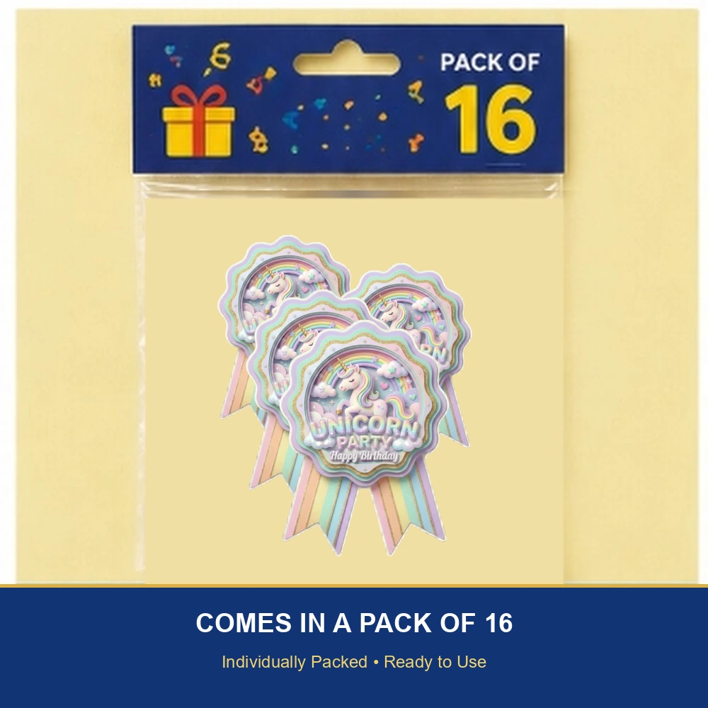Unicorn Theme Paper Badges For Kids Birthday Party Supplies (Pack Of 16) - 300 GSM Premium Cardstock with Pin (3.7 x 3 Inch) - Premium Handcrafted 300 GSM Theme Badges by Party Decor Mall India - View 6