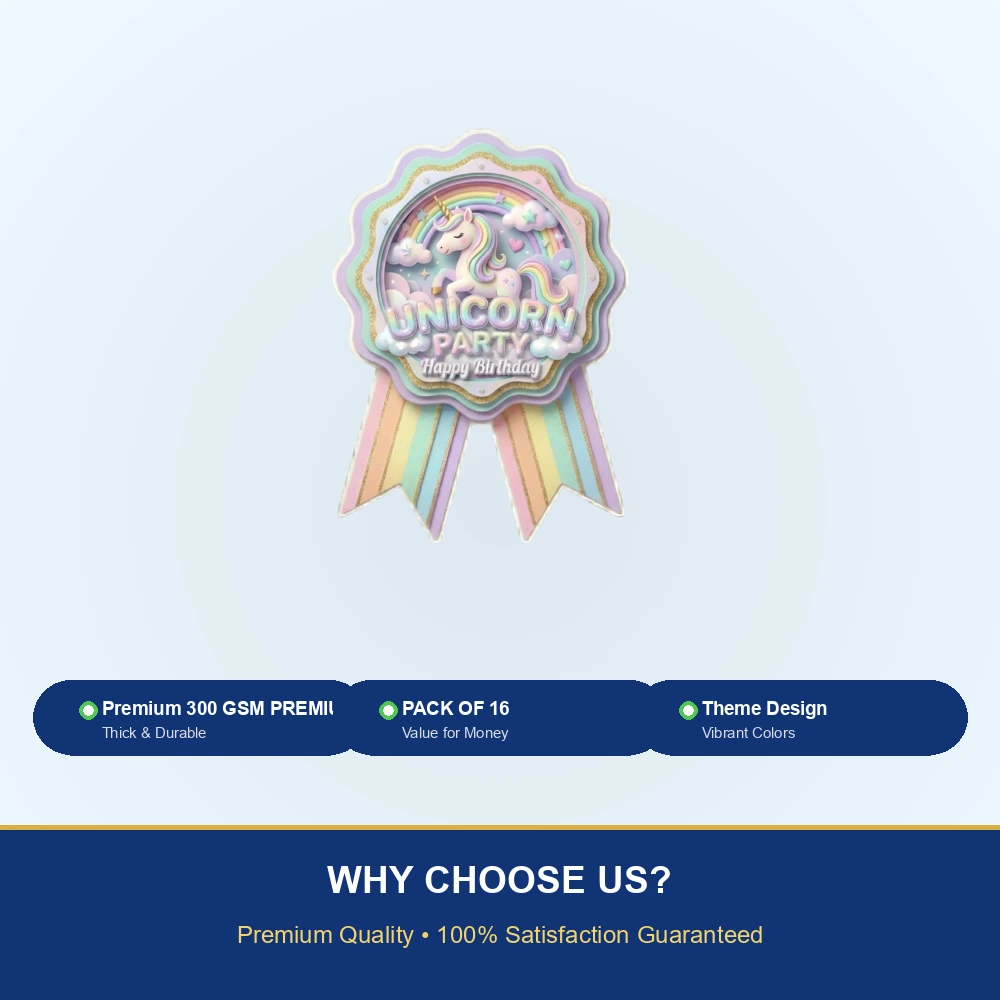 Unicorn Theme Paper Badges For Kids Birthday Party Supplies (Pack Of 16) - 300 GSM Premium Cardstock with Pin (3.7 x 3 Inch) - Premium Handcrafted 300 GSM Theme Badges by Party Decor Mall India - View 7