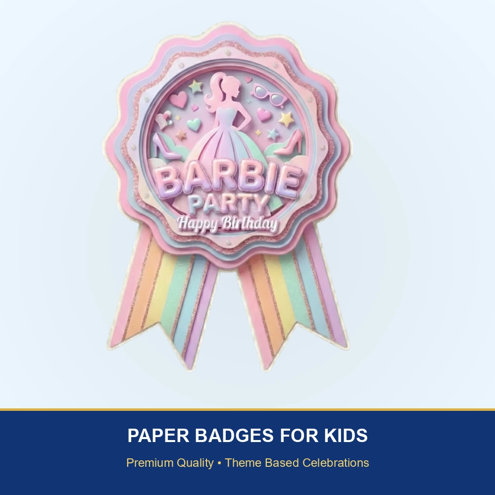 Barbie Theme Paper Badges For Kids Birthday Party Supplies (Pack Of 16) - 300 GSM Premium Cardstock with Pin (3.7 x 3 Inch) - Premium Handcrafted 300 GSM Theme Badges by Party Decor Mall India - View 2