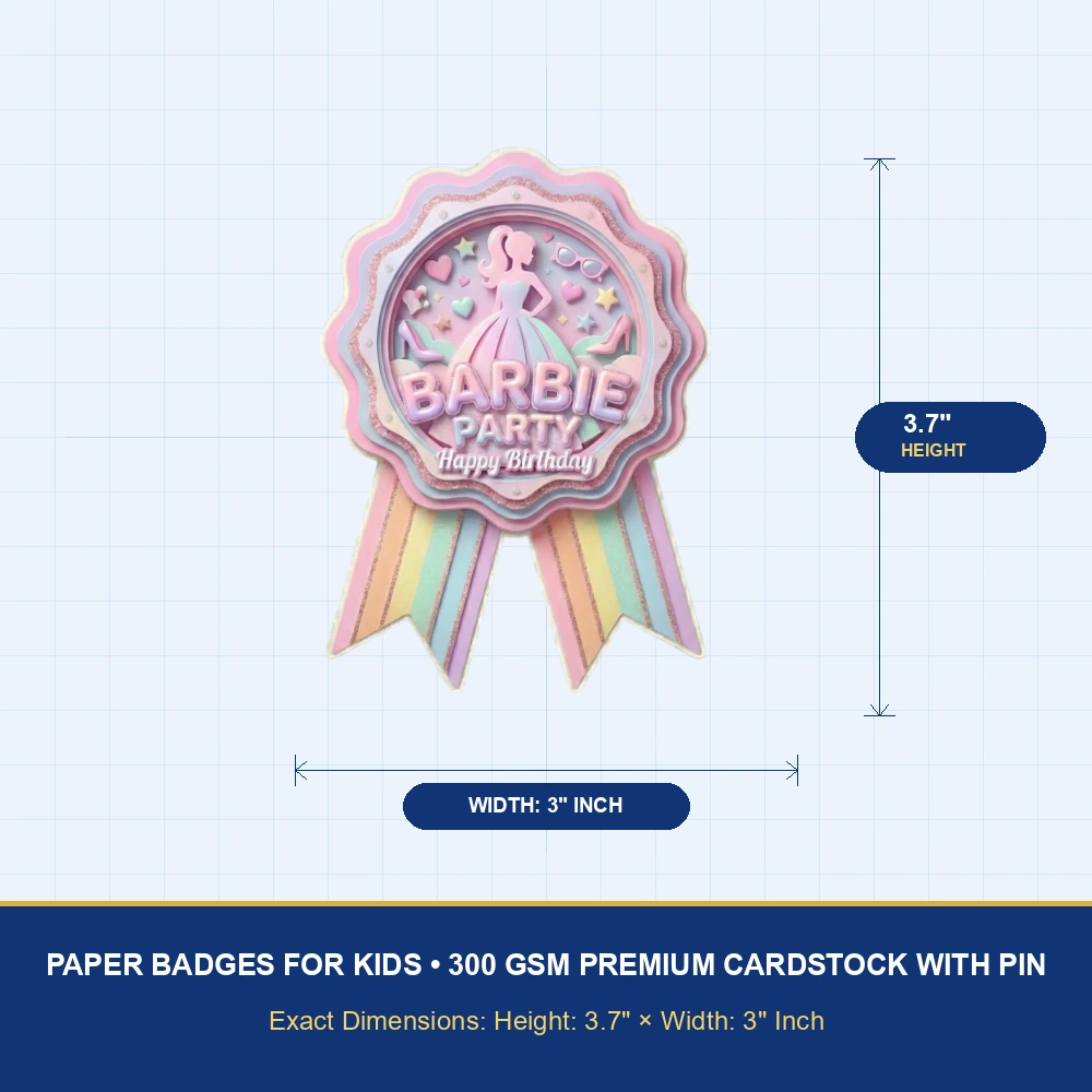 Barbie Theme Paper Badges For Kids Birthday Party Supplies (Pack Of 16) - 300 GSM Premium Cardstock with Pin (3.7 x 3 Inch) - Premium Handcrafted 300 GSM Theme Badges by Party Decor Mall India - View 4
