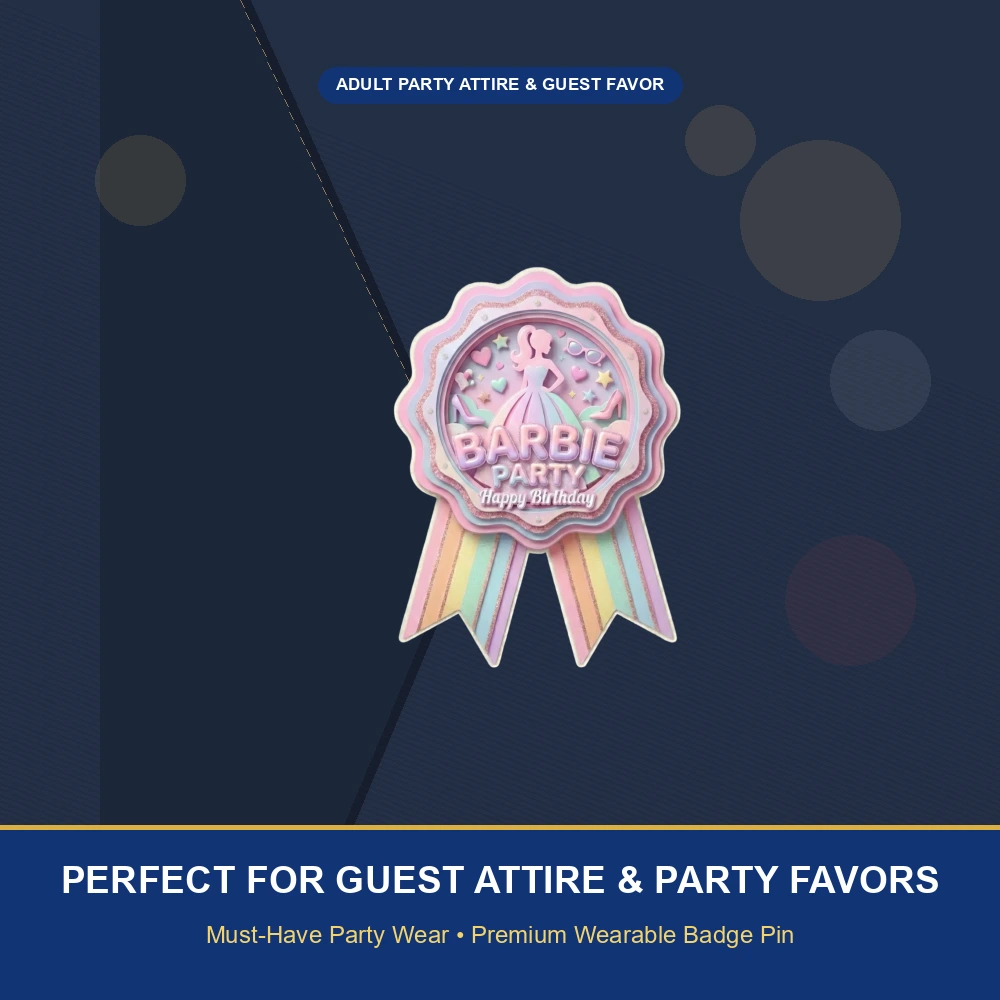 Barbie Theme Paper Badges For Kids Birthday Party Supplies (Pack Of 16) - 300 GSM Premium Cardstock with Pin (3.7 x 3 Inch) - Premium Handcrafted 300 GSM Theme Badges by Party Decor Mall India - View 5
