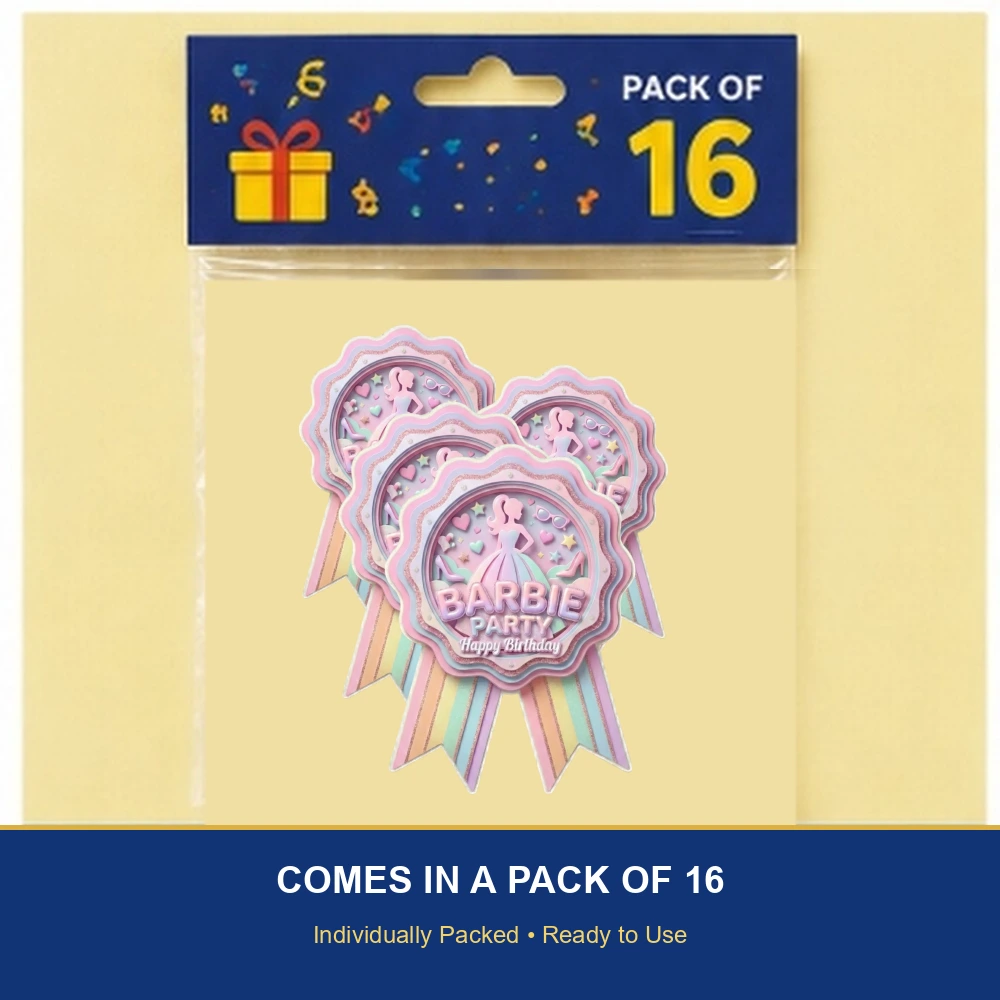 Barbie Theme Paper Badges For Kids Birthday Party Supplies (Pack Of 16) - 300 GSM Premium Cardstock with Pin (3.7 x 3 Inch) - Premium Handcrafted 300 GSM Theme Badges by Party Decor Mall India - View 6