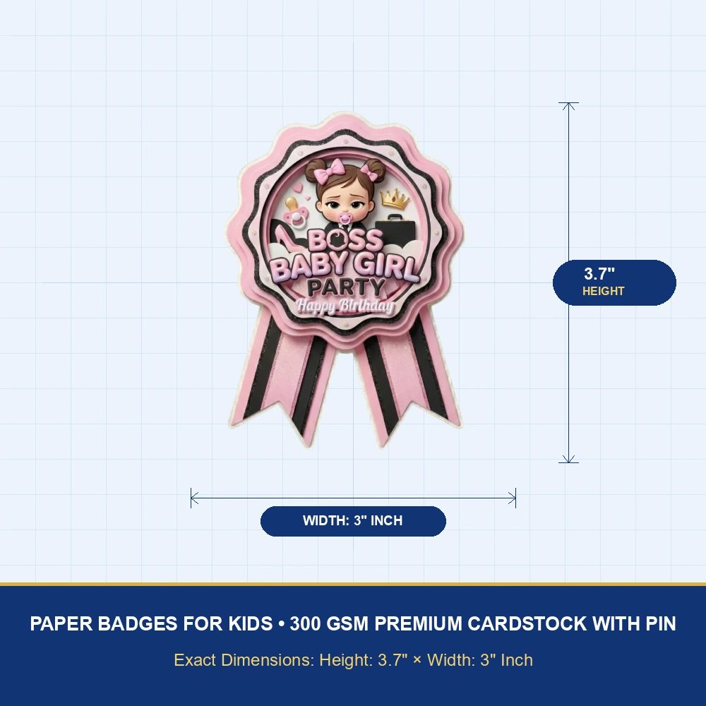 Boss Baby Girl Theme Paper Badges For Kids Birthday Party Supplies (Pack Of 16) - 300 GSM Premium Cardstock with Pin (3.7 x 3 Inch) - Premium Handcrafted 300 GSM Theme Badges by Party Decor Mall India - View 4