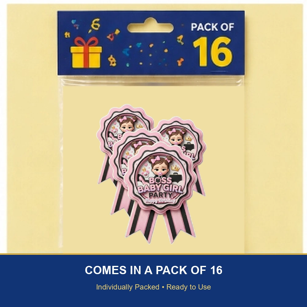 Boss Baby Girl Theme Paper Badges For Kids Birthday Party Supplies (Pack Of 16) - 300 GSM Premium Cardstock with Pin (3.7 x 3 Inch) - Premium Handcrafted 300 GSM Theme Badges by Party Decor Mall India - View 6