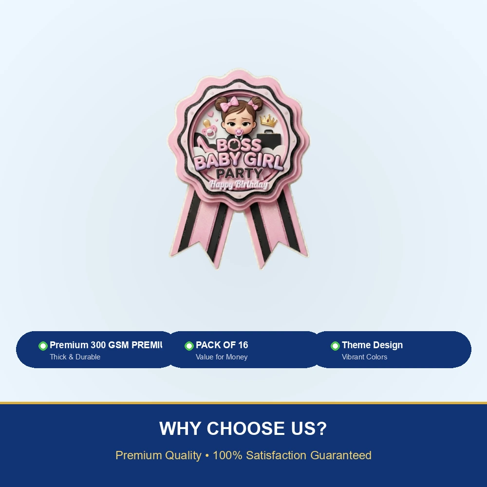 Boss Baby Girl Theme Paper Badges For Kids Birthday Party Supplies (Pack Of 16) - 300 GSM Premium Cardstock with Pin (3.7 x 3 Inch) - Premium Handcrafted 300 GSM Theme Badges by Party Decor Mall India - View 7