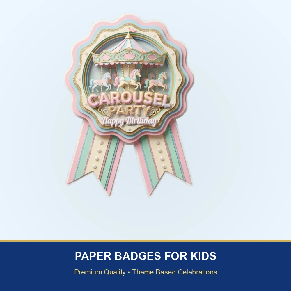 Carousel Theme Paper Badges For Kids Birthday Party Supplies (Pack Of 16) - 300 GSM Premium Cardstock with Pin (3.7 x 3 Inch) - Premium Handcrafted 300 GSM Theme Badges by Party Decor Mall India - View 2