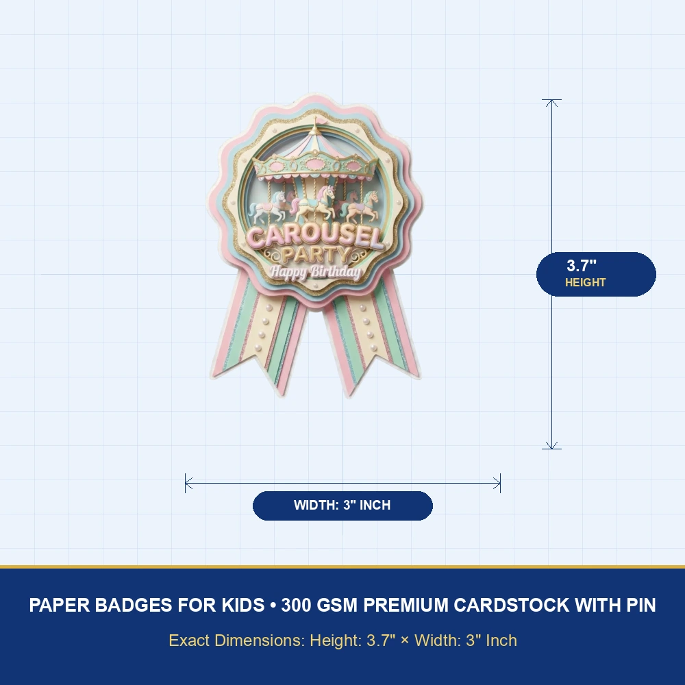 Carousel Theme Paper Badges For Kids Birthday Party Supplies (Pack Of 16) - 300 GSM Premium Cardstock with Pin (3.7 x 3 Inch) - Premium Handcrafted 300 GSM Theme Badges by Party Decor Mall India - View 4