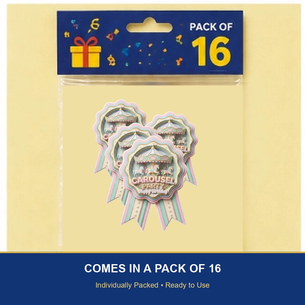 Carousel Theme Paper Badges For Kids Birthday Party Supplies (Pack Of 16) - 300 GSM Premium Cardstock with Pin (3.7 x 3 Inch) - Premium Handcrafted 300 GSM Theme Badges by Party Decor Mall India - View 6
