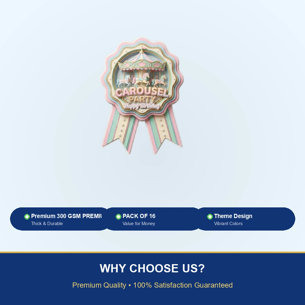 Carousel Theme Paper Badges For Kids Birthday Party Supplies (Pack Of 16) - 300 GSM Premium Cardstock with Pin (3.7 x 3 Inch) - Premium Handcrafted 300 GSM Theme Badges by Party Decor Mall India - View 7