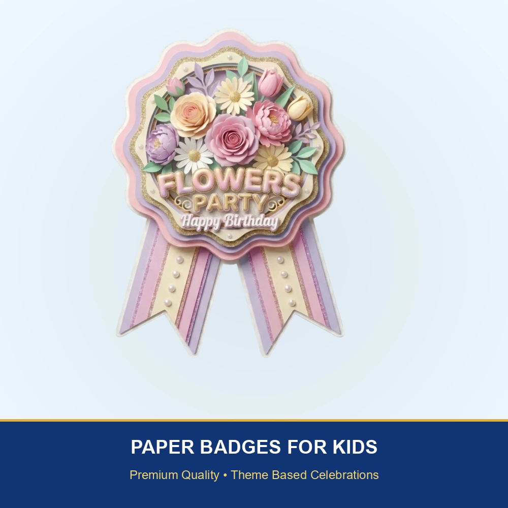 Flowers Theme Paper Badges For Kids Birthday Party Supplies (Pack Of 16) - 300 GSM Premium Cardstock with Pin (3.7 x 3 Inch) - Premium Handcrafted 300 GSM Theme Badges by Party Decor Mall India - View 2
