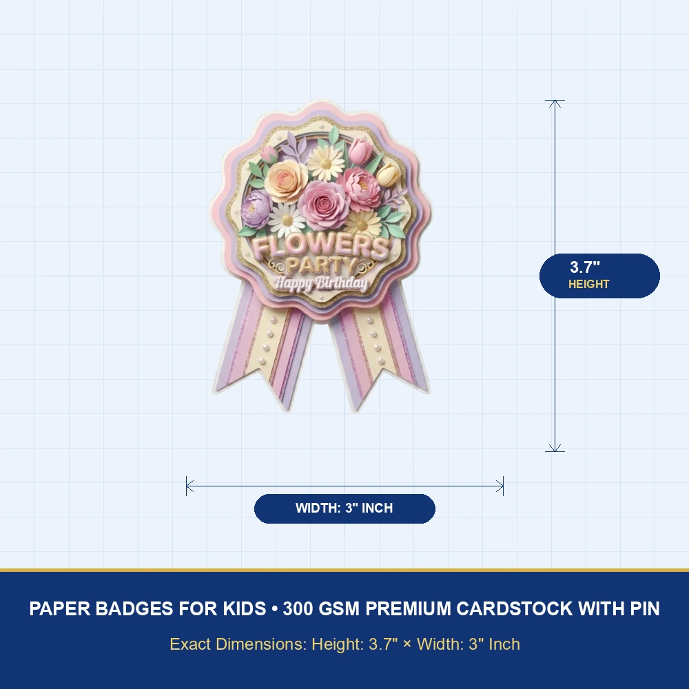 Flowers Theme Paper Badges For Kids Birthday Party Supplies (Pack Of 16) - 300 GSM Premium Cardstock with Pin (3.7 x 3 Inch) - Premium Handcrafted 300 GSM Theme Badges by Party Decor Mall India - View 4
