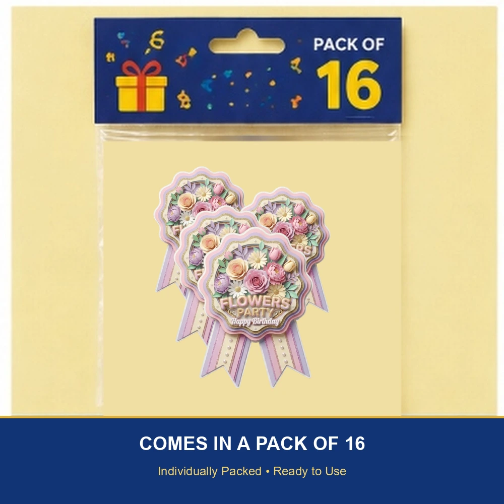 Flowers Theme Paper Badges For Kids Birthday Party Supplies (Pack Of 16) - 300 GSM Premium Cardstock with Pin (3.7 x 3 Inch) - Premium Handcrafted 300 GSM Theme Badges by Party Decor Mall India - View 6