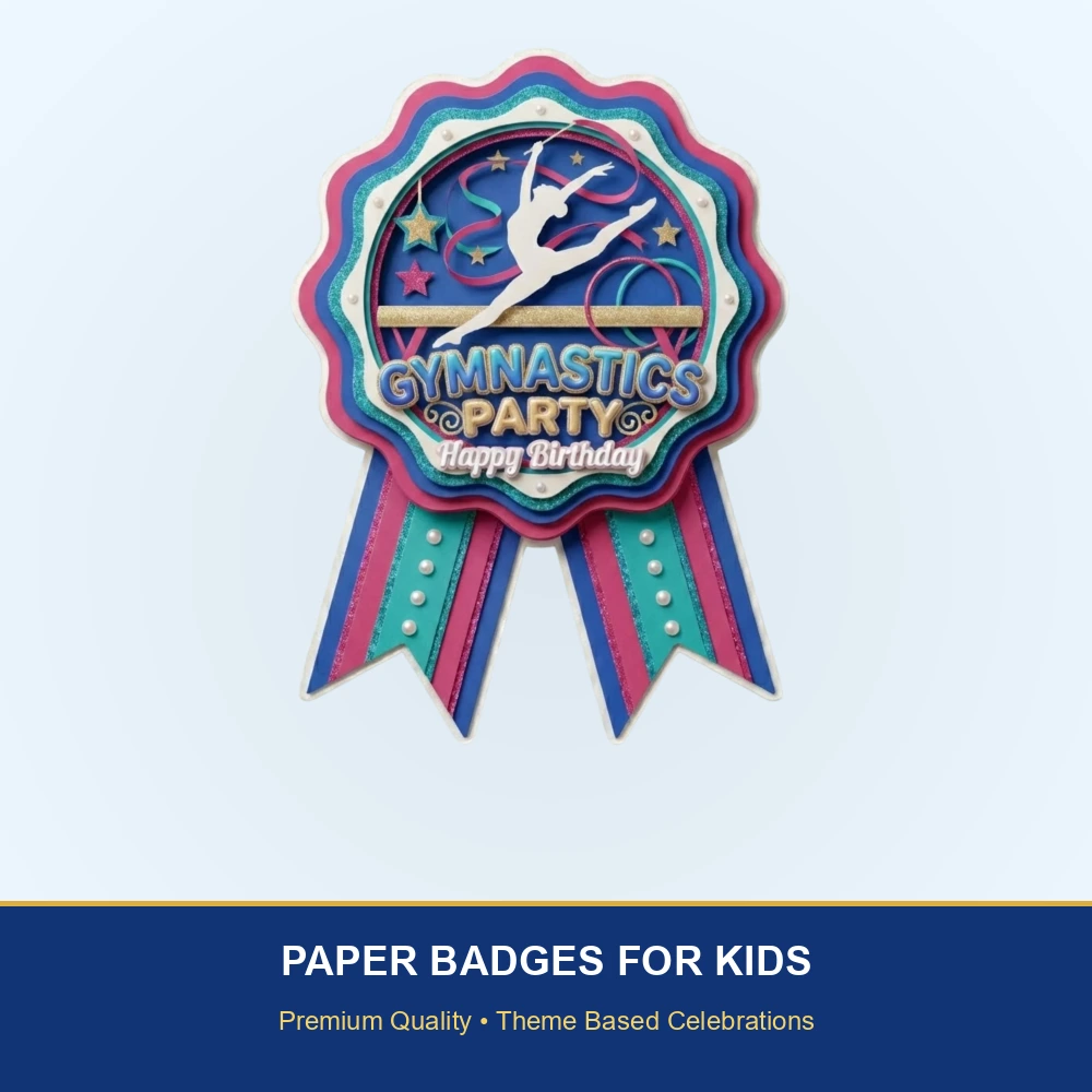 Gymnastics Theme Paper Badges For Kids Birthday Party Supplies (Pack Of 16) - 300 GSM Premium Cardstock with Pin (3.7 x 3 Inch) - Premium Handcrafted 300 GSM Theme Badges by Party Decor Mall India - View 2
