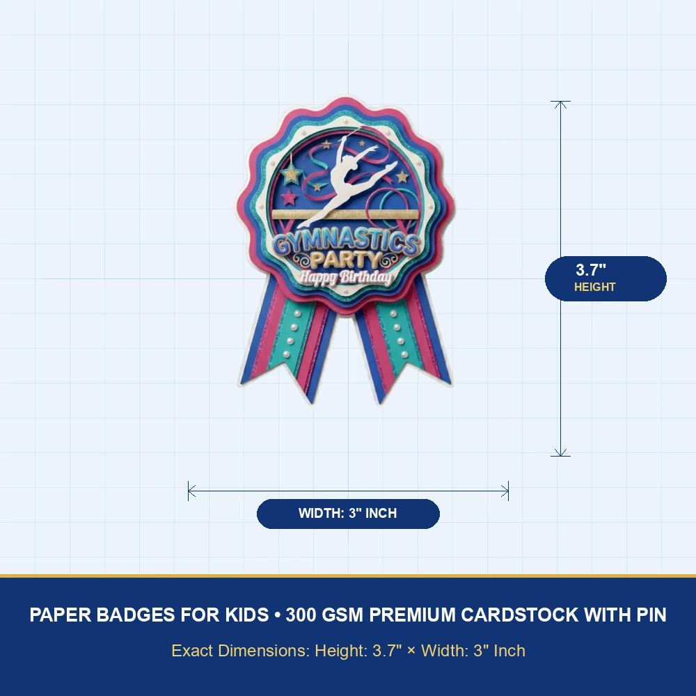 Gymnastics Theme Paper Badges For Kids Birthday Party Supplies (Pack Of 16) - 300 GSM Premium Cardstock with Pin (3.7 x 3 Inch) - Premium Handcrafted 300 GSM Theme Badges by Party Decor Mall India - View 4