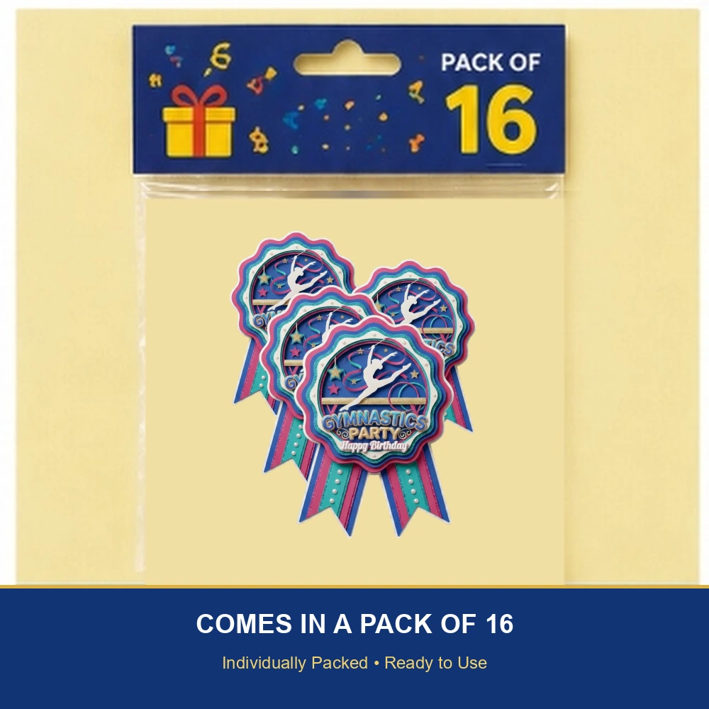 Gymnastics Theme Paper Badges For Kids Birthday Party Supplies (Pack Of 16) - 300 GSM Premium Cardstock with Pin (3.7 x 3 Inch) - Premium Handcrafted 300 GSM Theme Badges by Party Decor Mall India - View 6
