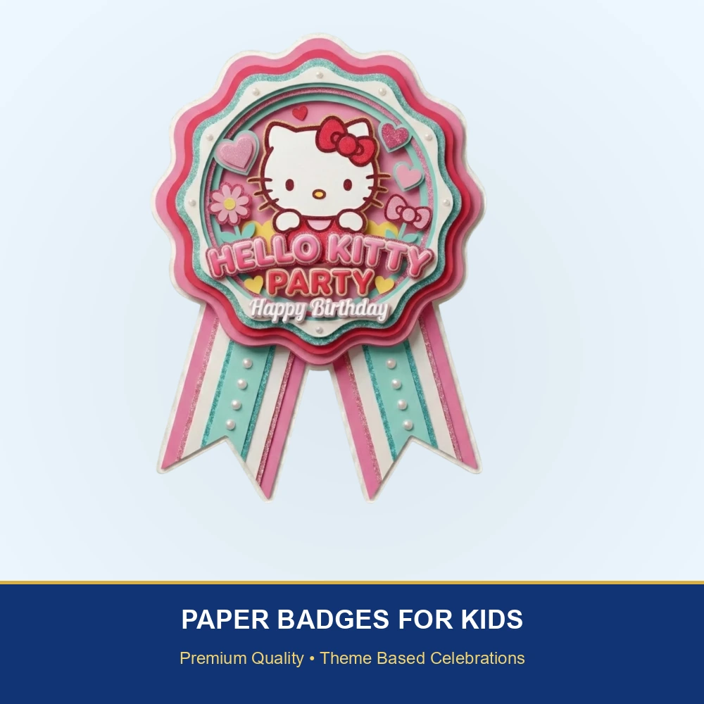 Hello Kitty Theme Paper Badges For Kids Birthday Party Supplies (Pack Of 16) - 300 GSM Premium Cardstock with Pin (3.7 x 3 Inch) - Premium Handcrafted 300 GSM Theme Badges by Party Decor Mall India - View 2