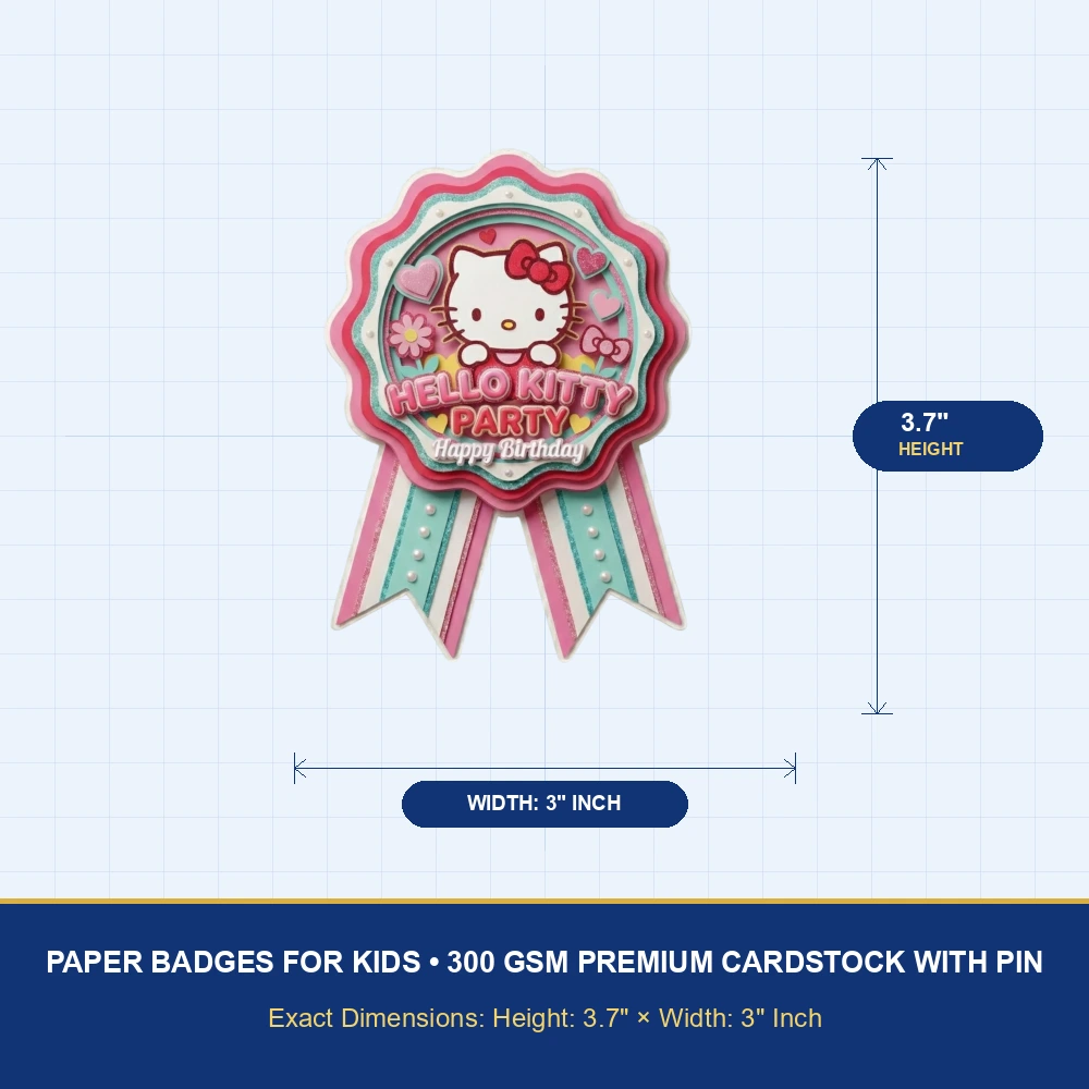 Hello Kitty Theme Paper Badges For Kids Birthday Party Supplies (Pack Of 16) - 300 GSM Premium Cardstock with Pin (3.7 x 3 Inch) - Premium Handcrafted 300 GSM Theme Badges by Party Decor Mall India - View 4