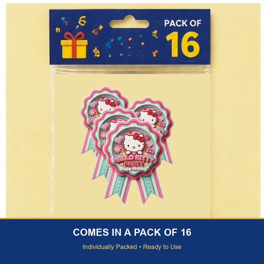 Hello Kitty Theme Paper Badges For Kids Birthday Party Supplies (Pack Of 16) - 300 GSM Premium Cardstock with Pin (3.7 x 3 Inch) - Premium Handcrafted 300 GSM Theme Badges by Party Decor Mall India - View 6