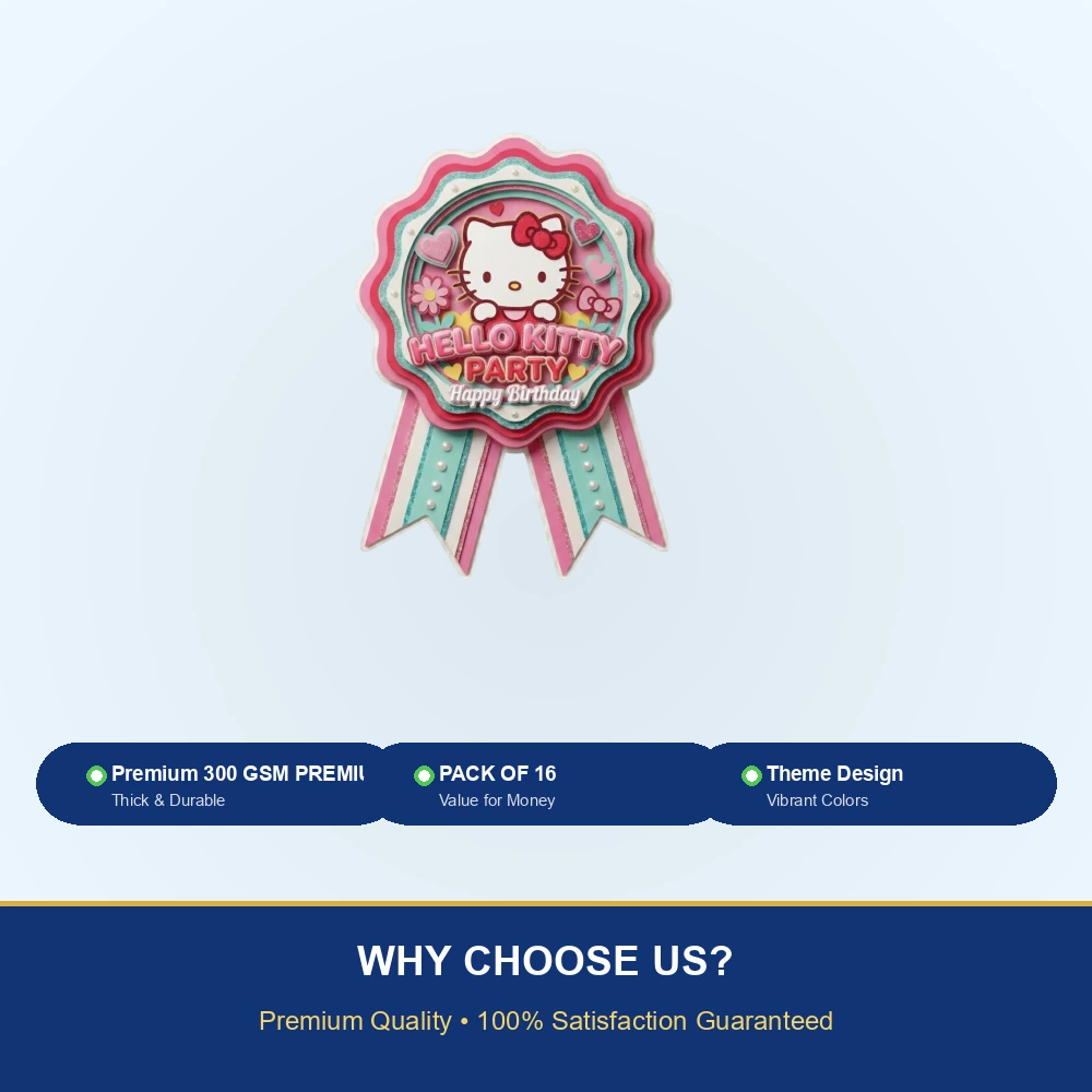 Hello Kitty Theme Paper Badges For Kids Birthday Party Supplies (Pack Of 16) - 300 GSM Premium Cardstock with Pin (3.7 x 3 Inch) - Premium Handcrafted 300 GSM Theme Badges by Party Decor Mall India - View 7