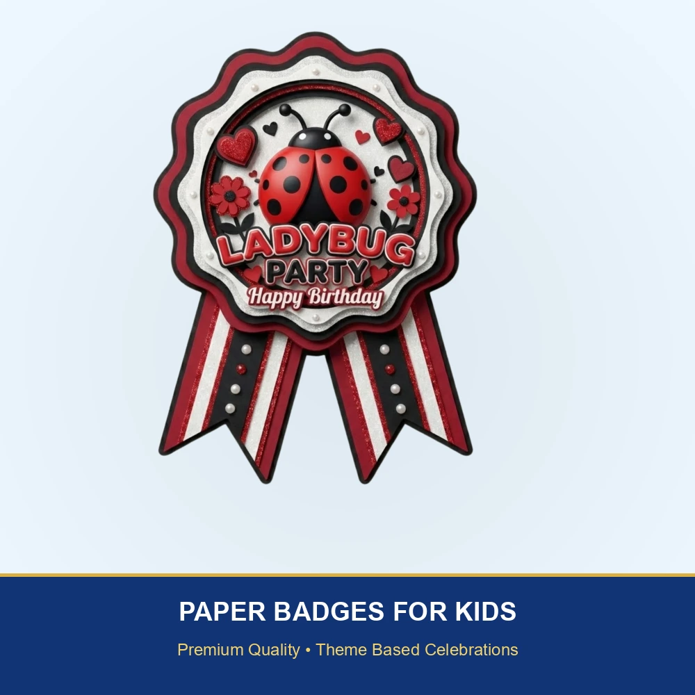 Lady Bug Theme Paper Badges For Kids Birthday Party Supplies (Pack Of 16) - 300 GSM Premium Cardstock with Pin (3.7 x 3 Inch) - Premium Handcrafted 300 GSM Theme Badges by Party Decor Mall India - View 2