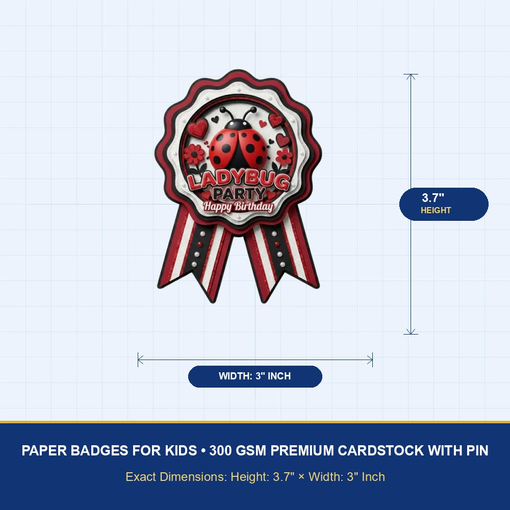 Lady Bug Theme Paper Badges For Kids Birthday Party Supplies (Pack Of 16) - 300 GSM Premium Cardstock with Pin (3.7 x 3 Inch) - Premium Handcrafted 300 GSM Theme Badges by Party Decor Mall India - View 4