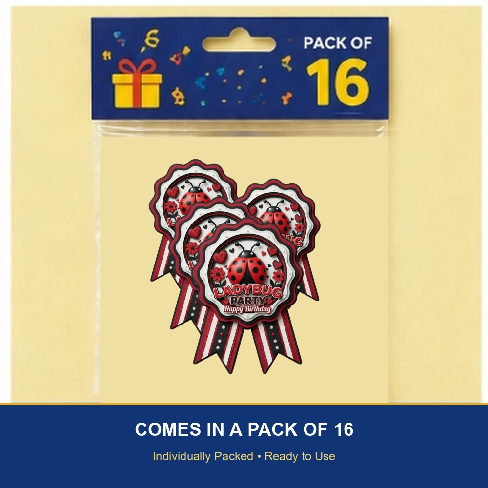 Lady Bug Theme Paper Badges For Kids Birthday Party Supplies (Pack Of 16) - 300 GSM Premium Cardstock with Pin (3.7 x 3 Inch) - Premium Handcrafted 300 GSM Theme Badges by Party Decor Mall India - View 6