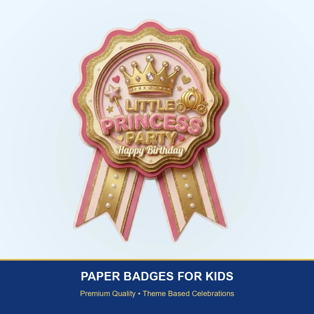 Little Princess Theme Paper Badges For Kids Birthday Party Supplies (Pack Of 16) - 300 GSM Premium Cardstock with Pin (3.7 x 3 Inch) - Premium Handcrafted 300 GSM Theme Badges by Party Decor Mall India - View 2