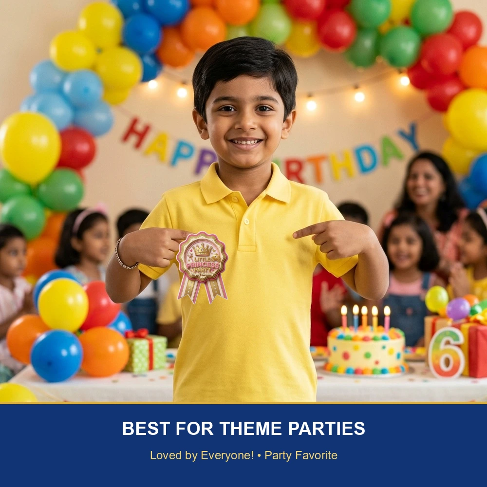Little Princess Theme Paper Badges For Kids Birthday Party Supplies (Pack Of 16) - 300 GSM Premium Cardstock with Pin (3.7 x 3 Inch) - Premium Handcrafted 300 GSM Theme Badges by Party Decor Mall India - View 5
