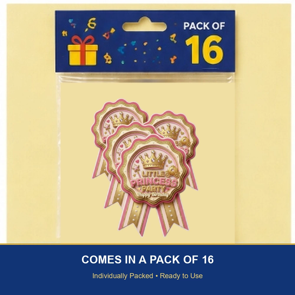 Little Princess Theme Paper Badges For Kids Birthday Party Supplies (Pack Of 16) - 300 GSM Premium Cardstock with Pin (3.7 x 3 Inch) - Premium Handcrafted 300 GSM Theme Badges by Party Decor Mall India - View 6