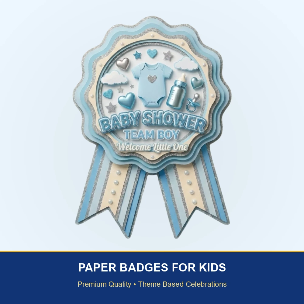 Baby Shower Theme Paper Badges For Kids Birthday Party Supplies (Pack Of 16) - 300 GSM Premium Cardstock with Pin (3.7 x 3 Inch) - Premium Handcrafted 300 GSM Theme Badges by Party Decor Mall India - View 2