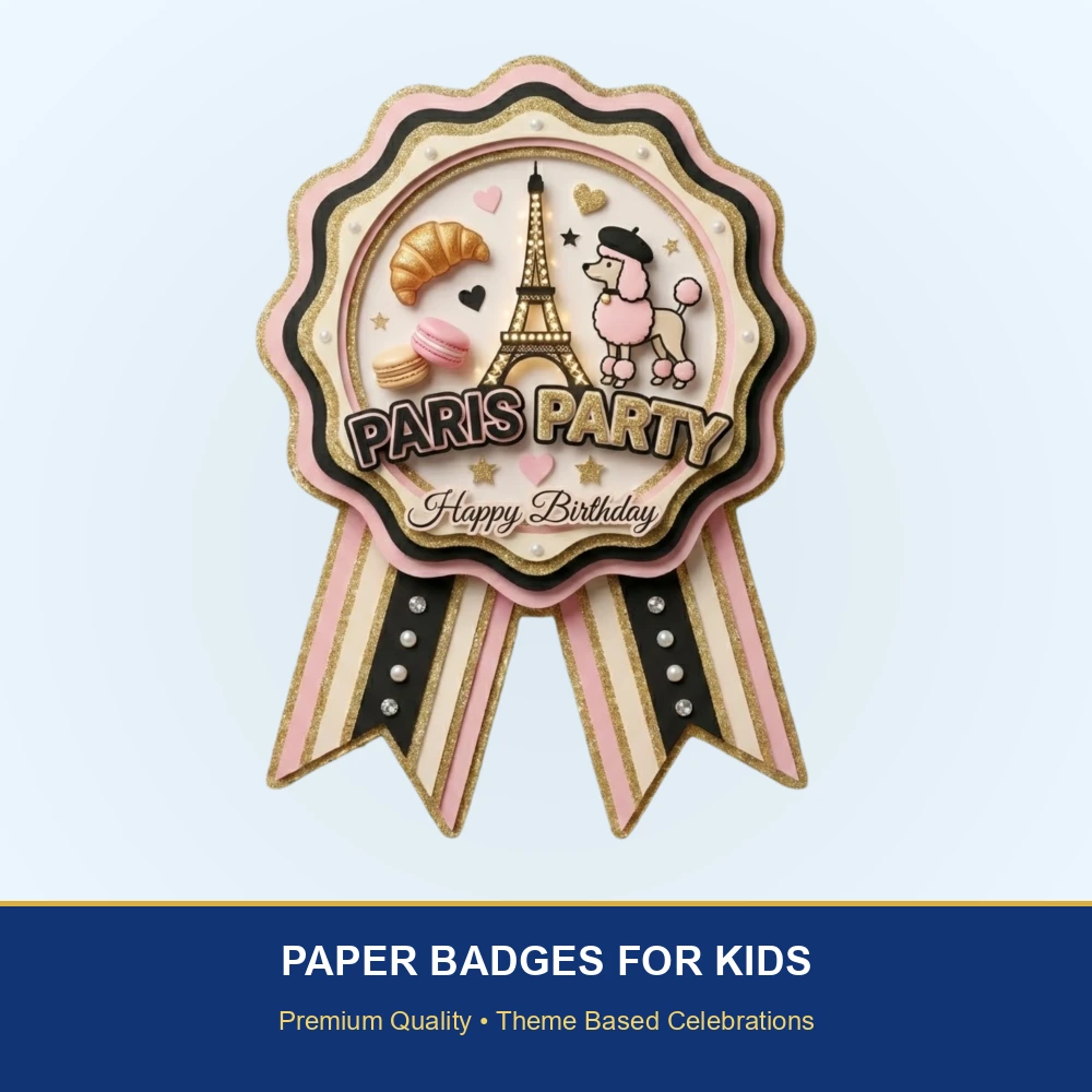Paris Theme Paper Badges For Kids Birthday Party Supplies (Pack Of 16) - 300 GSM Premium Cardstock with Pin (3.7 x 3 Inch) - Premium Handcrafted 300 GSM Theme Badges by Party Decor Mall India - View 2