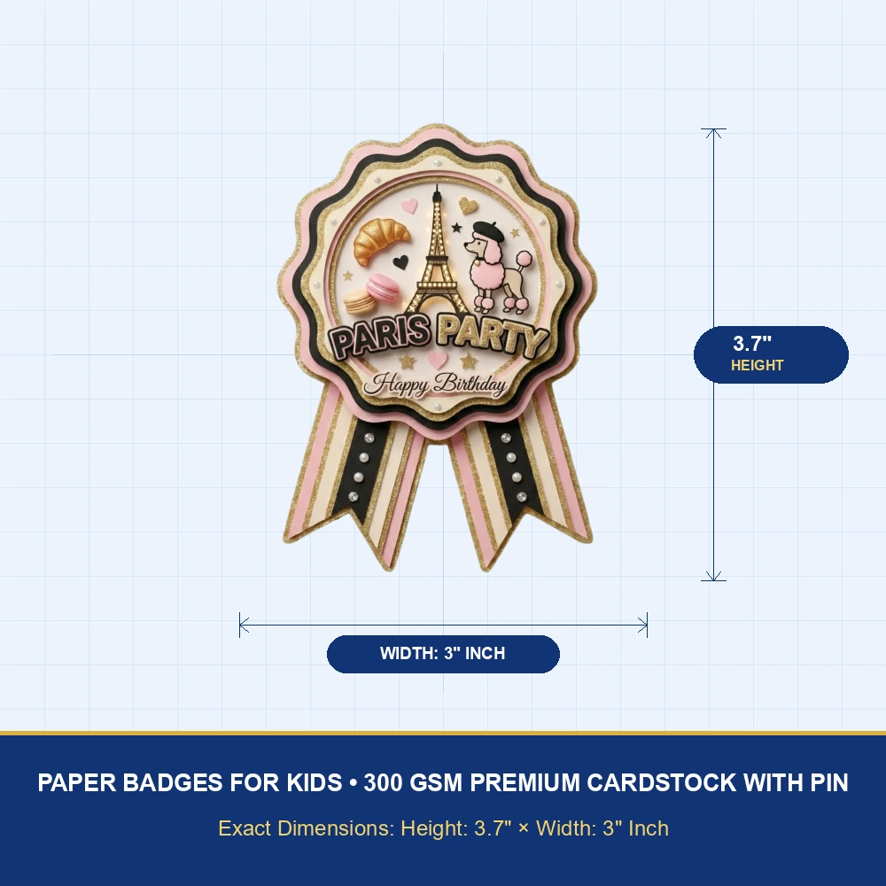Paris Theme Paper Badges For Kids Birthday Party Supplies (Pack Of 16) - 300 GSM Premium Cardstock with Pin (3.7 x 3 Inch) - Premium Handcrafted 300 GSM Theme Badges by Party Decor Mall India - View 4
