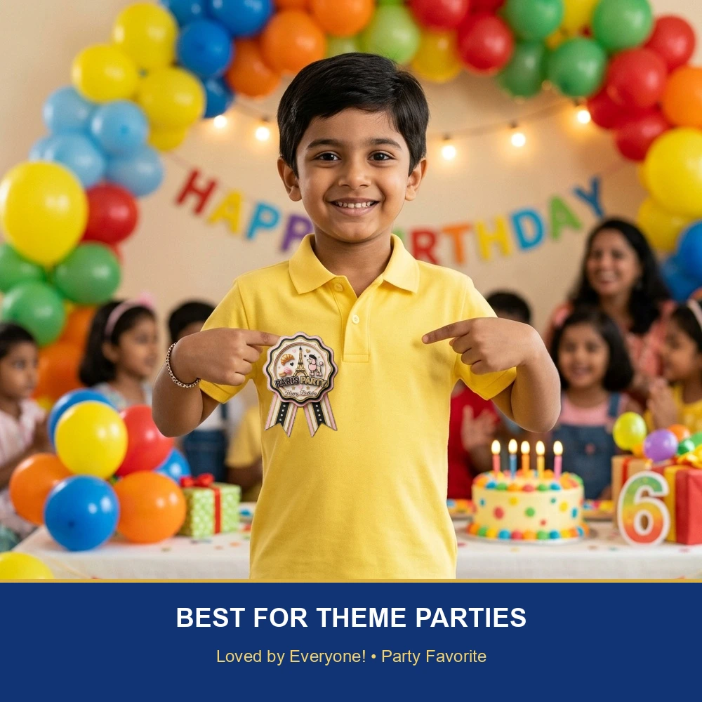 Paris Theme Paper Badges For Kids Birthday Party Supplies (Pack Of 16) - 300 GSM Premium Cardstock with Pin (3.7 x 3 Inch) - Premium Handcrafted 300 GSM Theme Badges by Party Decor Mall India - View 5