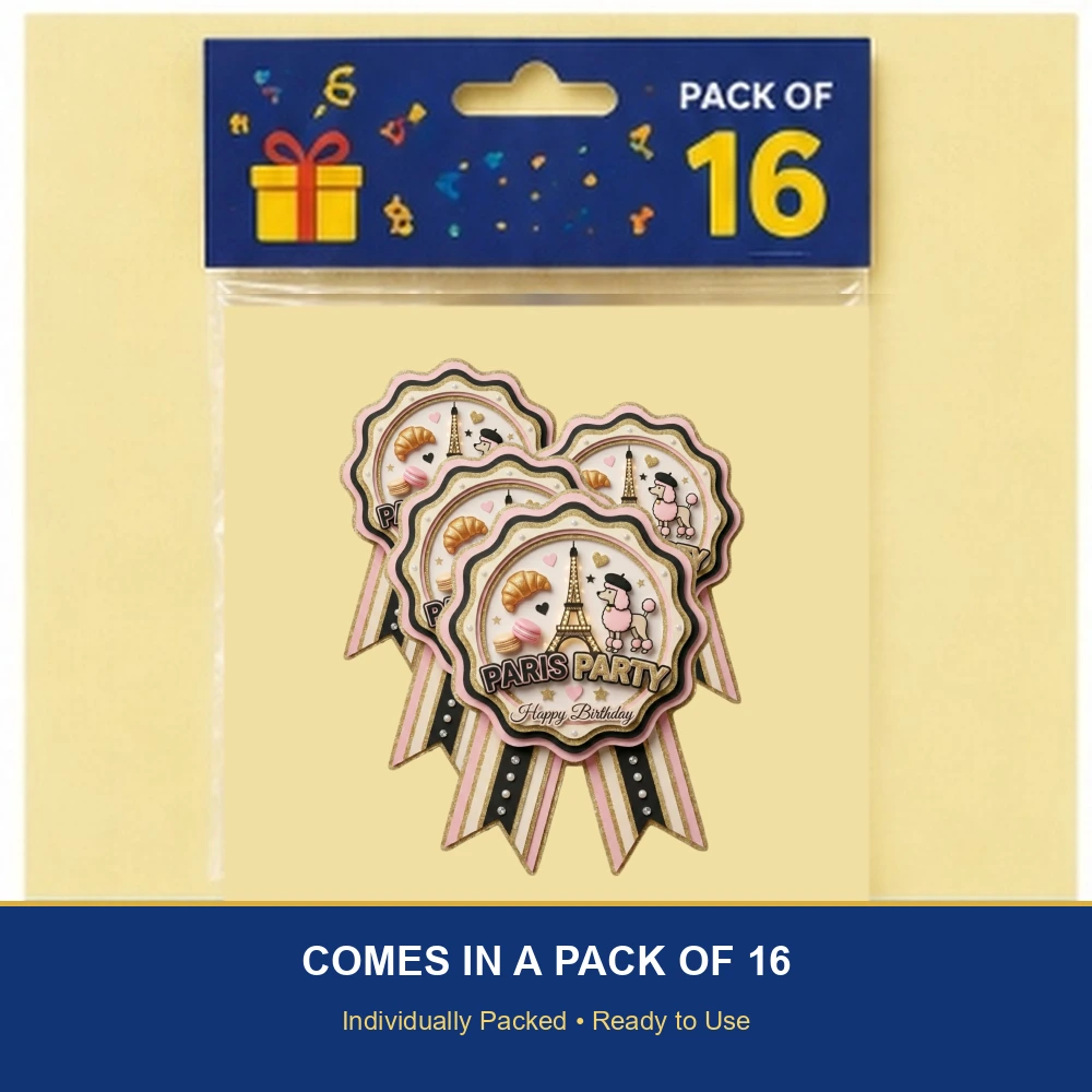 Paris Theme Paper Badges For Kids Birthday Party Supplies (Pack Of 16) - 300 GSM Premium Cardstock with Pin (3.7 x 3 Inch) - Premium Handcrafted 300 GSM Theme Badges by Party Decor Mall India - View 6