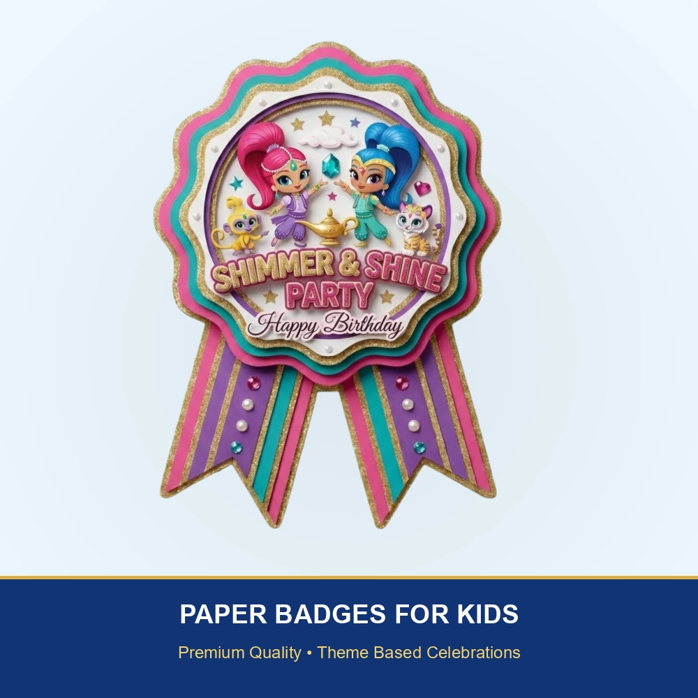 Shimmer & Shine Theme Paper Badges For Kids Birthday Party Supplies (Pack Of 16) - 300 GSM Premium Cardstock with Pin (3.7 x 3 Inch) - Premium Handcrafted 300 GSM Theme Badges by Party Decor Mall India - View 2