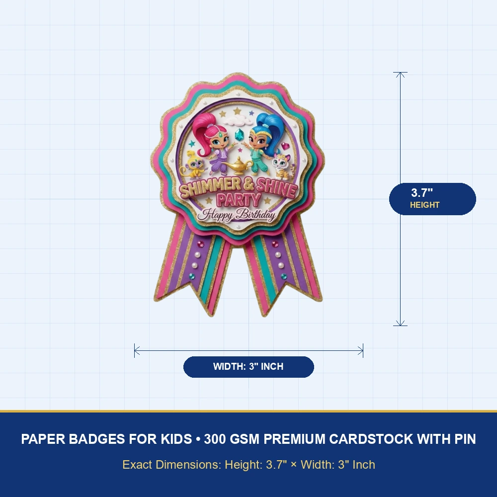 Shimmer & Shine Theme Paper Badges For Kids Birthday Party Supplies (Pack Of 16) - 300 GSM Premium Cardstock with Pin (3.7 x 3 Inch) - Premium Handcrafted 300 GSM Theme Badges by Party Decor Mall India - View 4