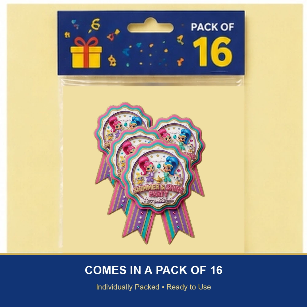 Shimmer & Shine Theme Paper Badges For Kids Birthday Party Supplies (Pack Of 16) - 300 GSM Premium Cardstock with Pin (3.7 x 3 Inch) - Premium Handcrafted 300 GSM Theme Badges by Party Decor Mall India - View 6