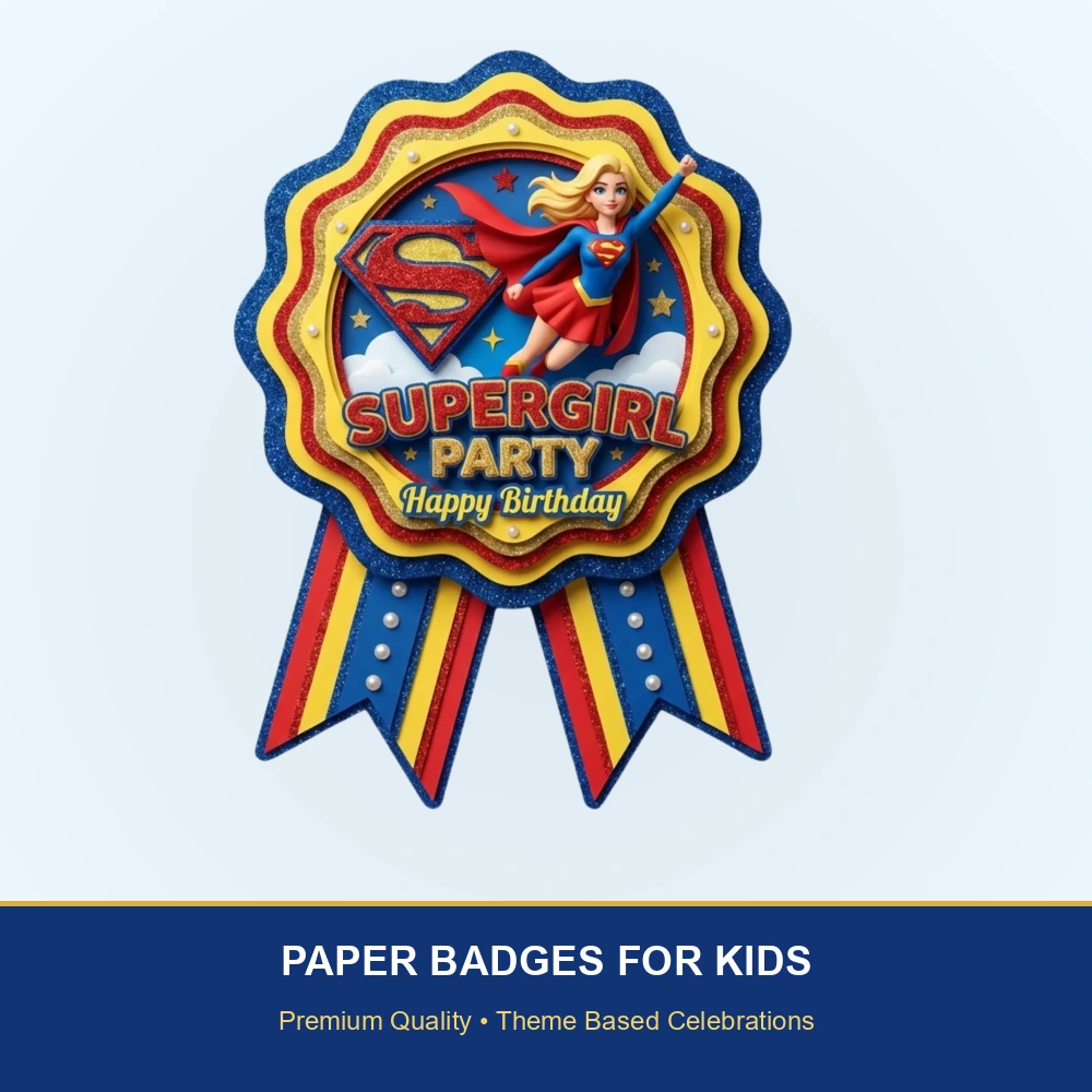 Supergirl Theme Paper Badges For Kids Birthday Party Supplies (Pack Of 16) - 300 GSM Premium Cardstock with Pin (3.7 x 3 Inch) - Premium Handcrafted 300 GSM Theme Badges by Party Decor Mall India - View 2
