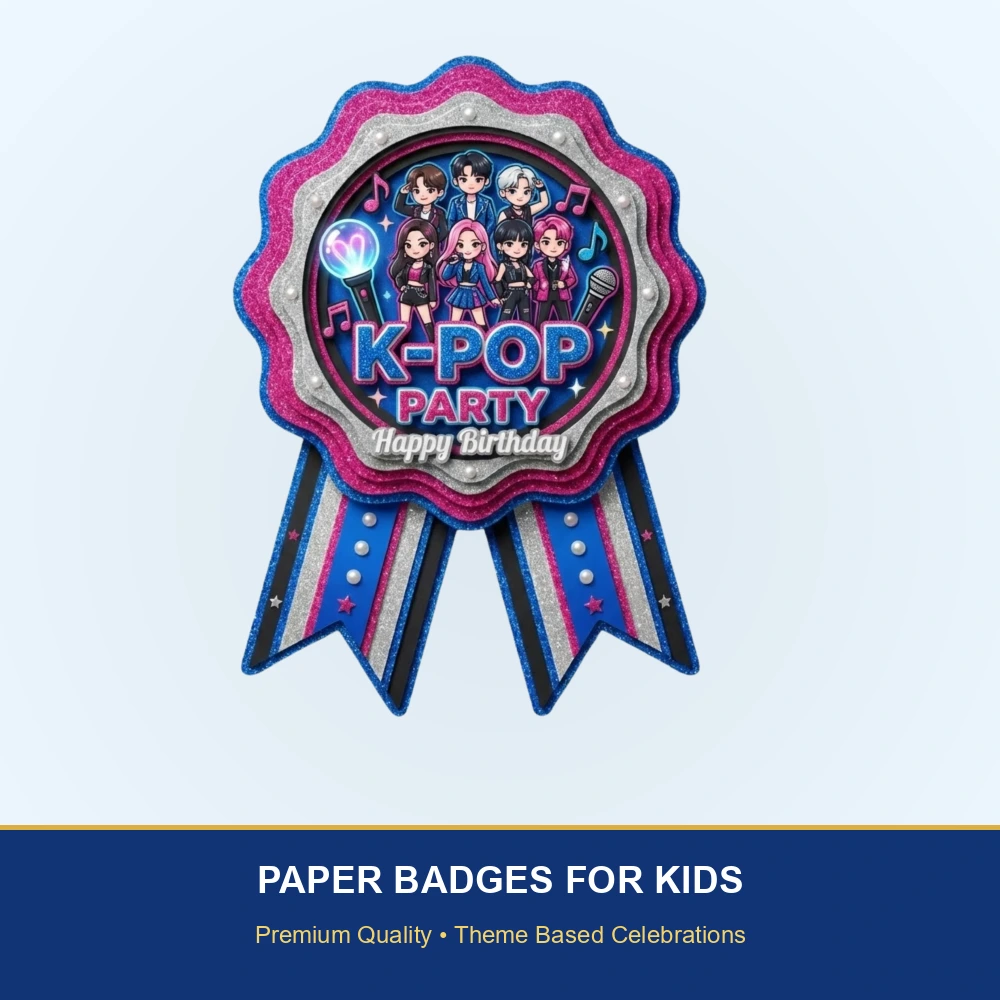 K-Pop Theme Paper Badges For Kids Birthday Party Supplies (Pack Of 16) - 300 GSM Premium Cardstock with Pin (3.7 x 3 Inch) - Premium Handcrafted 300 GSM Theme Badges by Party Decor Mall India - View 2