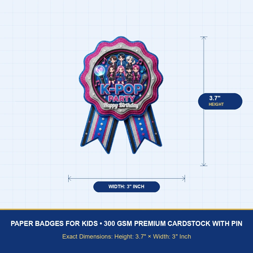 K-Pop Theme Paper Badges For Kids Birthday Party Supplies (Pack Of 16) - 300 GSM Premium Cardstock with Pin (3.7 x 3 Inch) - Premium Handcrafted 300 GSM Theme Badges by Party Decor Mall India - View 4