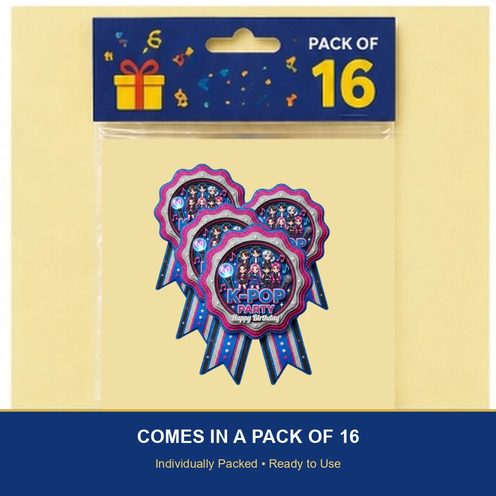 K-Pop Theme Paper Badges For Kids Birthday Party Supplies (Pack Of 16) - 300 GSM Premium Cardstock with Pin (3.7 x 3 Inch) - Premium Handcrafted 300 GSM Theme Badges by Party Decor Mall India - View 6