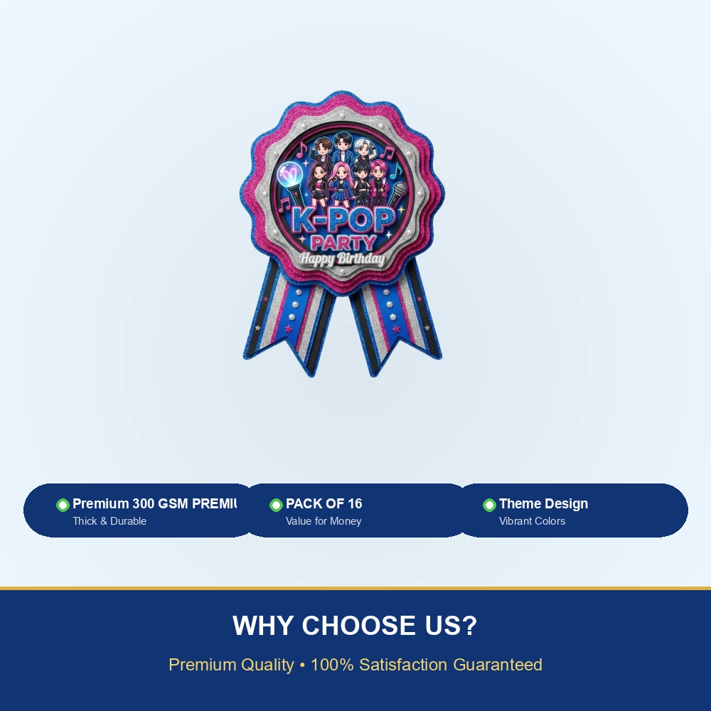 K-Pop Theme Paper Badges For Kids Birthday Party Supplies (Pack Of 16) - 300 GSM Premium Cardstock with Pin (3.7 x 3 Inch) - Premium Handcrafted 300 GSM Theme Badges by Party Decor Mall India - View 7