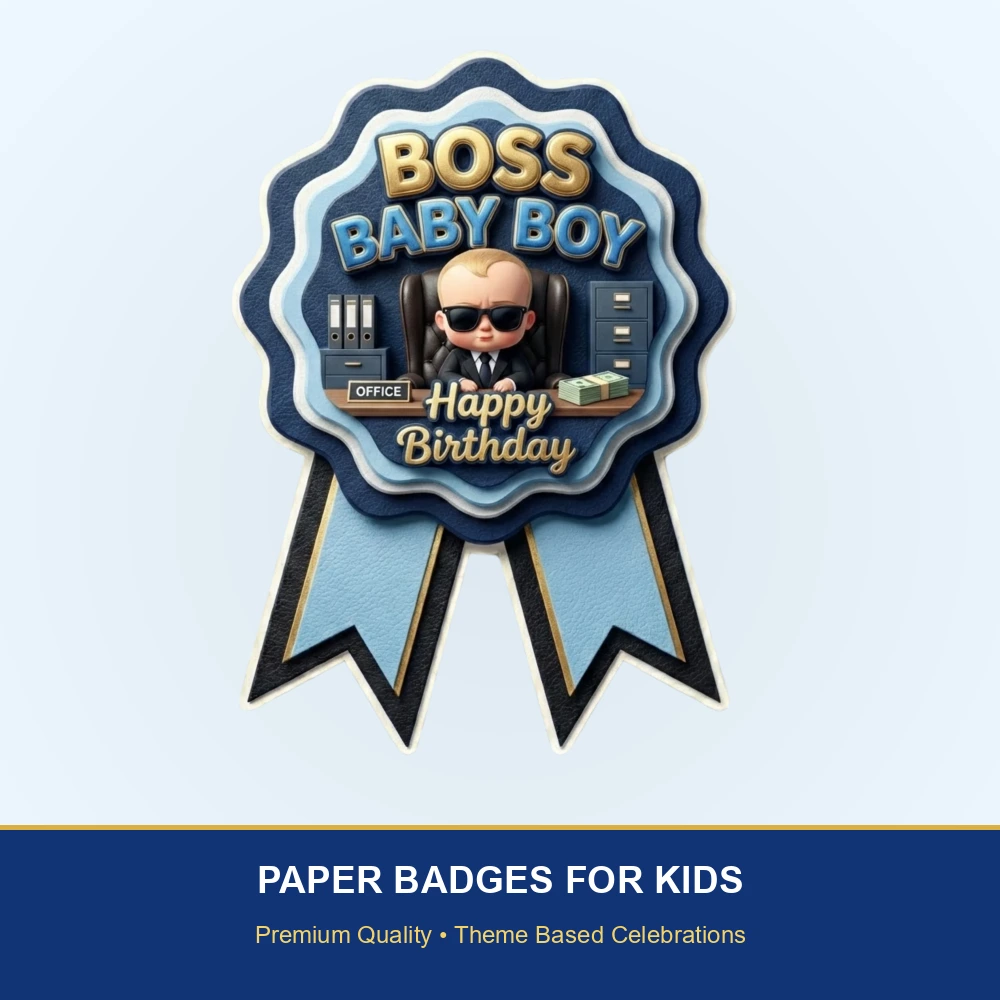 Boss Baby Theme Paper Badges For Kids Birthday Party Supplies (Pack Of 16) - 300 GSM Premium Cardstock with Pin (3.7 x 3 Inch) - Premium Handcrafted 300 GSM Theme Badges by Party Decor Mall India - View 2