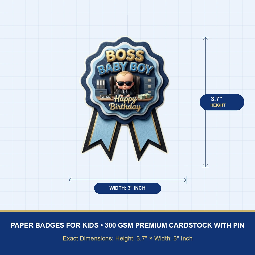 Boss Baby Theme Paper Badges For Kids Birthday Party Supplies (Pack Of 16) - 300 GSM Premium Cardstock with Pin (3.7 x 3 Inch) - Premium Handcrafted 300 GSM Theme Badges by Party Decor Mall India - View 4
